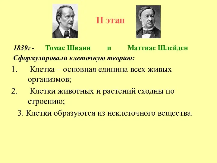 II этап 1839г - Томас Шванн и Маттиас Шлейден Сформулировали клеточную