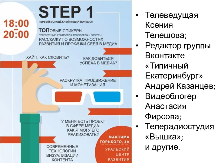 Телеведущая Ксения Телешова; Редактор группы Вконтакте «Типичный Екатеринбург» Андрей Казанцев; Видеоблогер