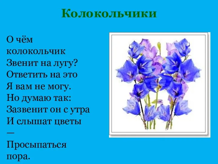 Колокольчики О чём колокольчик Звенит на лугу? Ответить на это Я