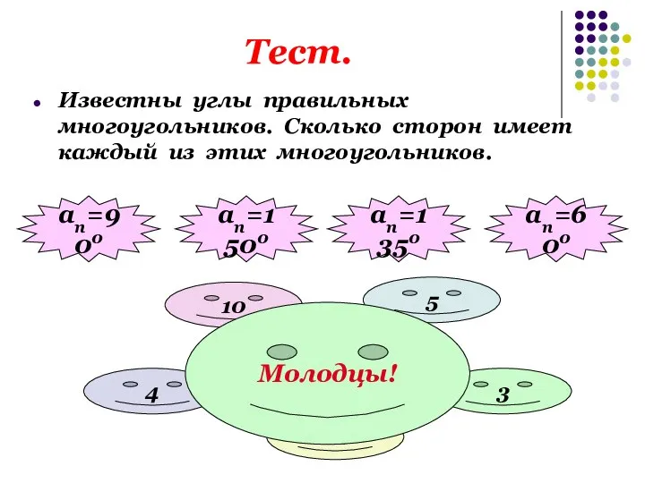 Тест. Известны углы правильных многоугольников. Сколько сторон имеет каждый из этих