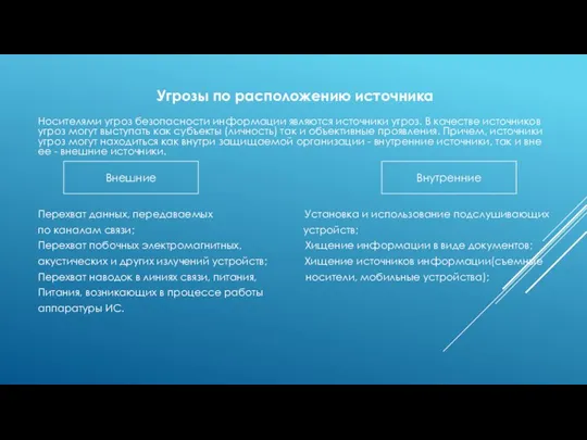 Угрозы по расположению источника Носителями угроз безопасности информации являются источники угроз.