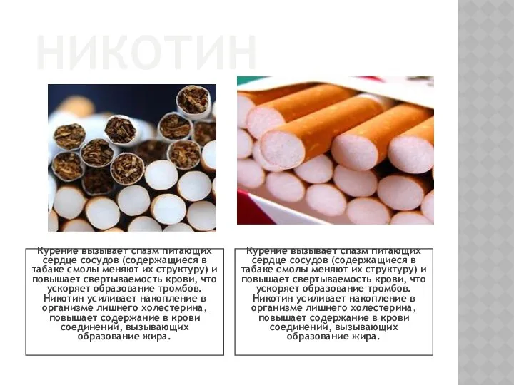 НИКОТИН Курение вызывает спазм питающих сердце сосудов (содержащиеся в табаке смолы