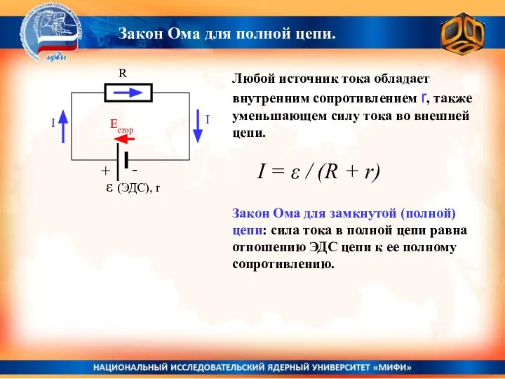 Закон Ома для полной цепи. R I I + - ε