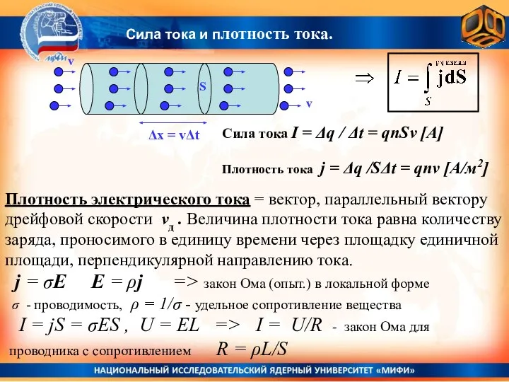 Сила тока I = Δq / Δt = qnSv [А] Плотность