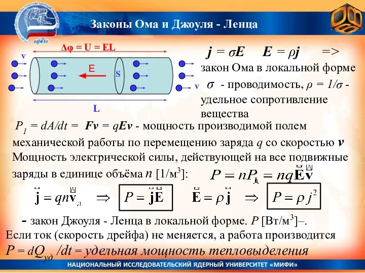 Законы Ома и Джоуля - Ленца j = σE E =