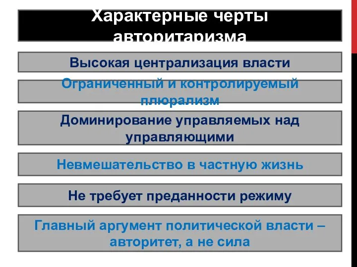 Характерные черты авторитаризма Высокая централизация власти Ограниченный и контролируемый плюрализм Доминирование