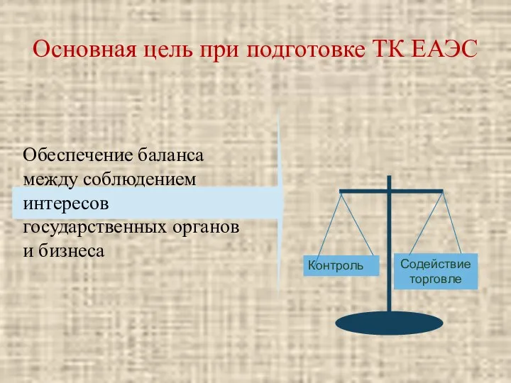 Основная цель при подготовке ТК ЕАЭС Контроль Содействие торговле