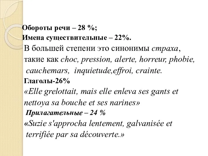 Обороты речи – 28 %; Имена существительные – 22%. В большей