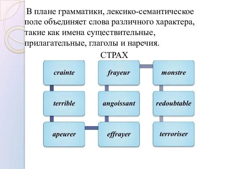 В плане грамматики, лексико-семантическое поле объединяет слова различного характера, такие как