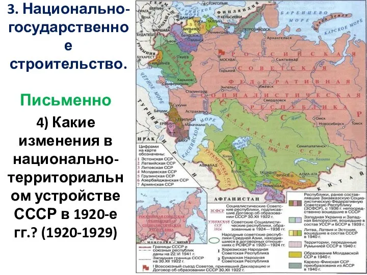 3. Национально- государственное строительство. Письменно 4) Какие изменения в национально-территориальном устройстве СССР в 1920-е гг.? (1920-1929)