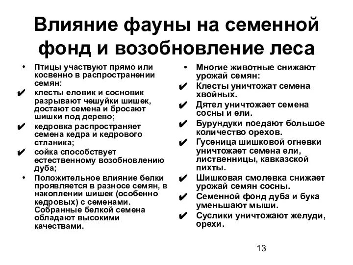 Влияние фауны на семенной фонд и возобновление леса Птицы участвуют прямо