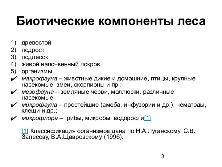 Биотические компоненты леса древостой подрост подлесок живой напочвенный покров организмы: макрофауна