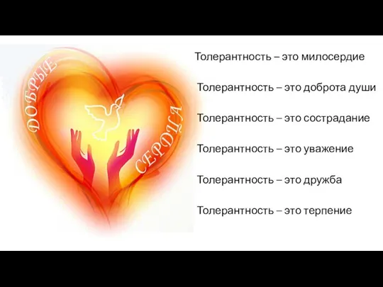 Толерантность – это милосердие Толерантность – это доброта души Толерантность –