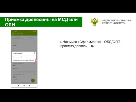 1. Нажмите «Сформировать ОБД/ОПП (приемка древесины)» Приемка древесины на МСД или ОЛИ 1