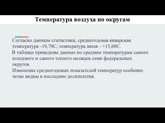 Температура воздуха по округам Согласно данным статистики, среднегодовая январская температура -19,70С,