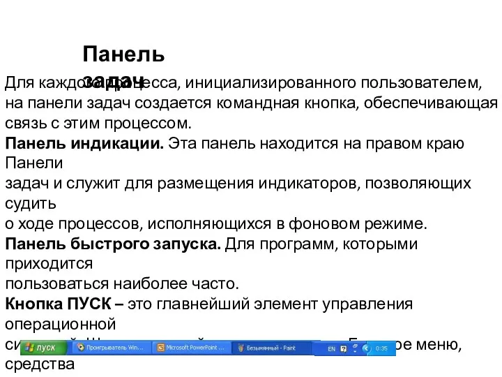 Панель задач Для каждого процесса, инициализированного пользователем, на панели задач создается