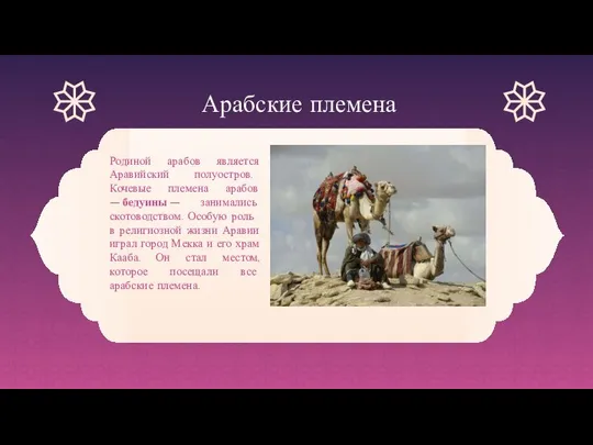 Арабские племена Родиной арабов является Аравийский полу­остров. Кочевые племена арабов —