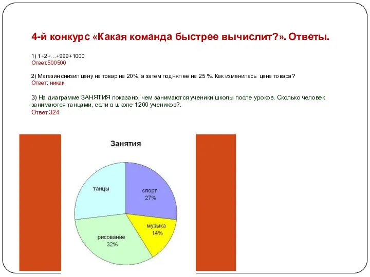 4-й конкурс «Какая команда быстрее вычислит?». Ответы. 1) 1+2+…+999+1000 Ответ.500500 2)