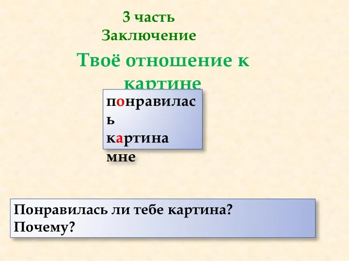 3 часть Заключение Твоё отношение к картине понравилась картина мне Понравилась ли тебе картина? Почему?