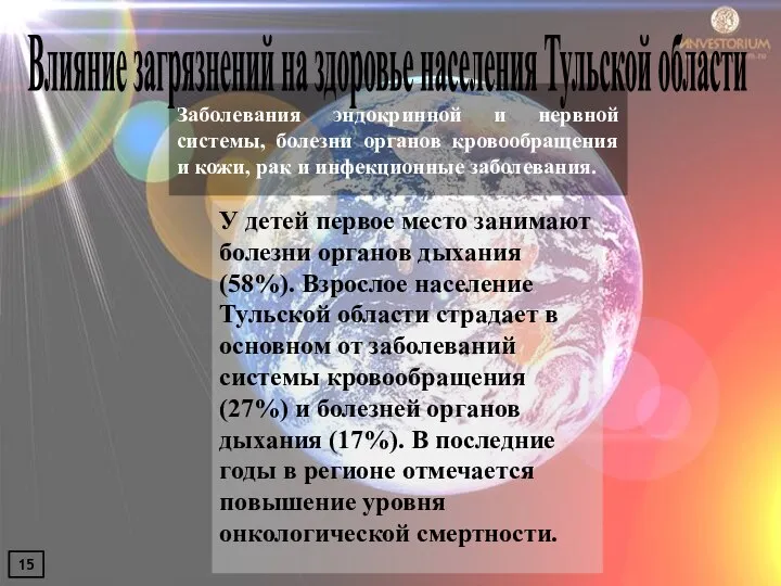 Влияние загрязнений на здоровье населения Тульской области Заболевания эндокринной и нервной