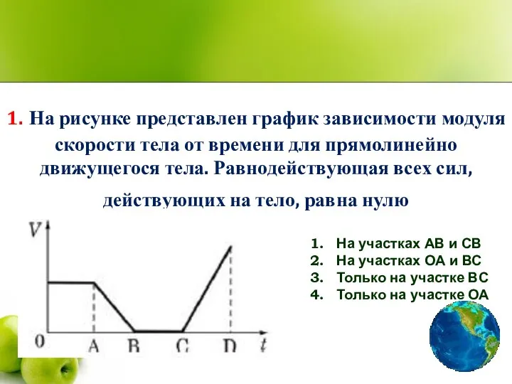 1. На рисунке представлен график зависимости модуля скорости тела от времени