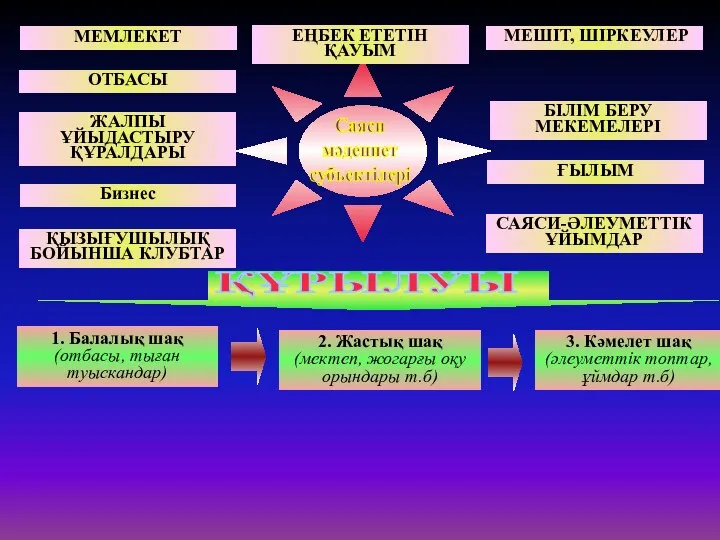 Саяси мәдениет субъектілері МЕМЛЕКЕТ ОТБАСЫ ЖАЛПЫ ҰЙЫДАСТЫРУ ҚҰРАЛДАРЫ Бизнес ЕҢБЕК ЕТЕТІН