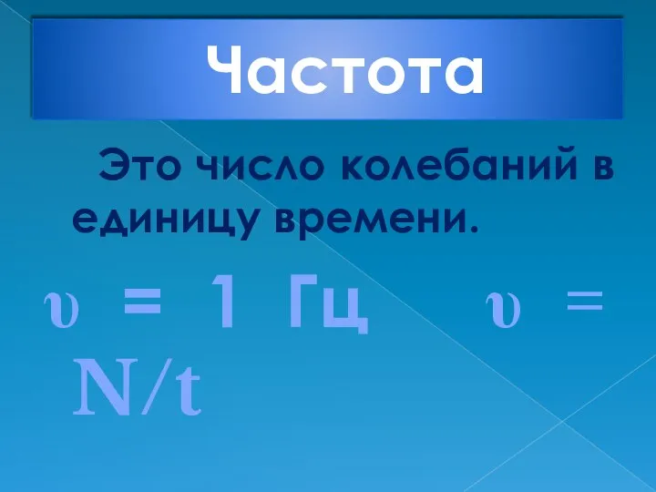 Частота Это число колебаний в единицу времени. υ = 1 Гц υ = N/t