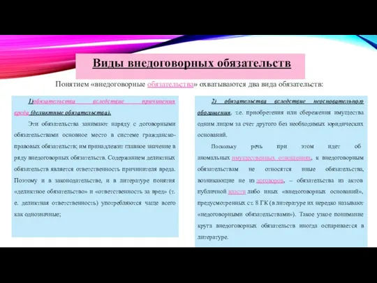 Виды внедоговорных обязательств Понятием «внедоговорные обязательства» охватываются два вида обязательств: 1)обязательства