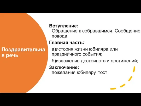 Поздравительная речь Вступление: Обращение к собравшимся. Сообщение повода Главная часть: а)история