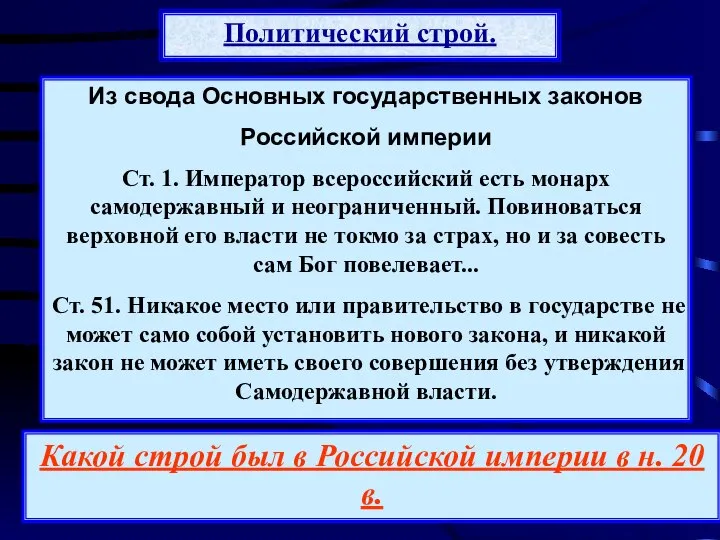 Политический строй. Из свода Основных государственных законов Российской империи Ст. 1.