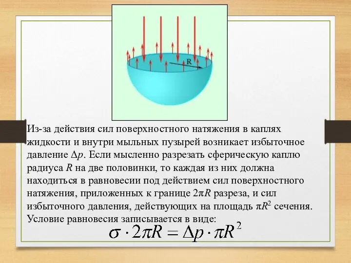 Из-за действия сил поверхностного натяжения в каплях жидкости и внутри мыльных