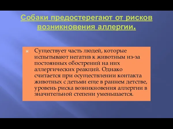 Собаки предостерегают от рисков возникновения аллергии. Существует часть людей, которые испытывают