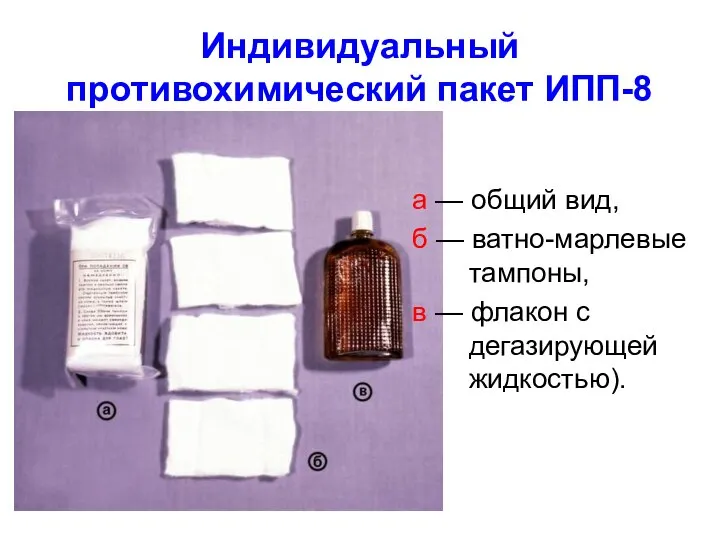 Индивидуальный противохимический пакет ИПП-8 а — общий вид, б — ватно-марлевые