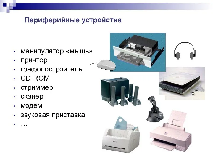манипулятор «мышь» принтер графопостроитель CD-ROM стриммер сканер модем звуковая приставка … Периферийные устройства