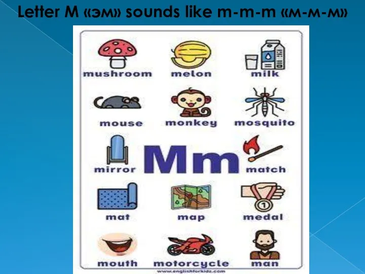 Letter M «эм» sounds like m-m-m «м-м-м»