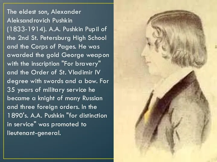 The eldest son, Alexander Aleksandrovich Pushkin (1833-1914). A.A. Pushkin Pupil of