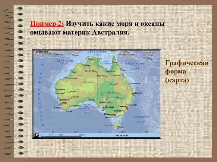 Пример 2: Изучить какие моря и океаны омывают материк Австралия. Графическая форма (карта)