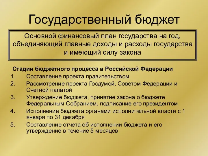 Государственный бюджет Стадии бюджетного процесса в Российской Федерации Составление проекта правительством