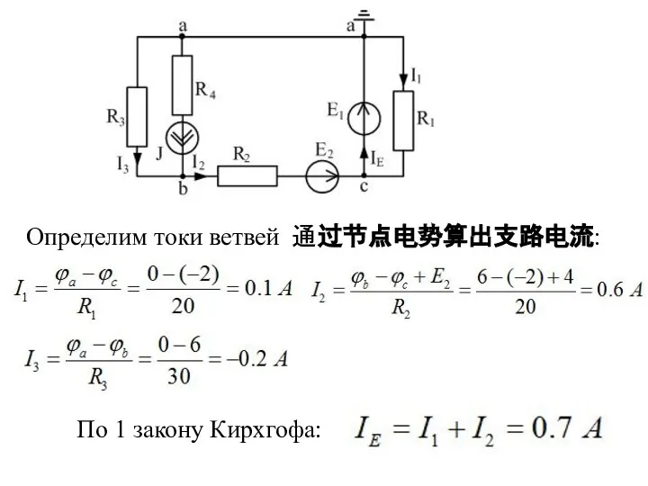 Определим токи ветвей 通过节点电势算出支路电流: По 1 закону Кирхгофа:
