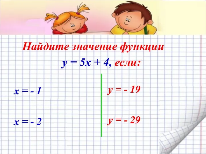 Найдите значение функции y = 5x + 4, если: х =