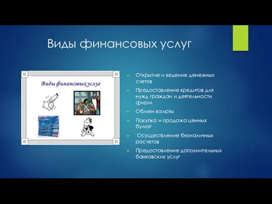 Виды финансовых услуг Открытие и ведение денежных счетов Предоставление кредитов для