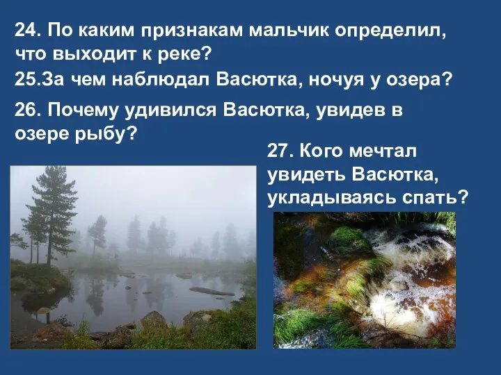 24. По каким признакам мальчик определил, что выходит к реке? 25.За