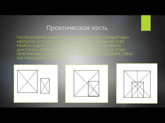 Практическая часть РАСПОЛОЖЕНИЕ ДВЕРЕЙ Я РЕШИЛА РАЗМЕСТИТЬ СТАНДАРТНЫМ МЕТОДОМ. ЕСТЬ НЕСКОЛЬКО