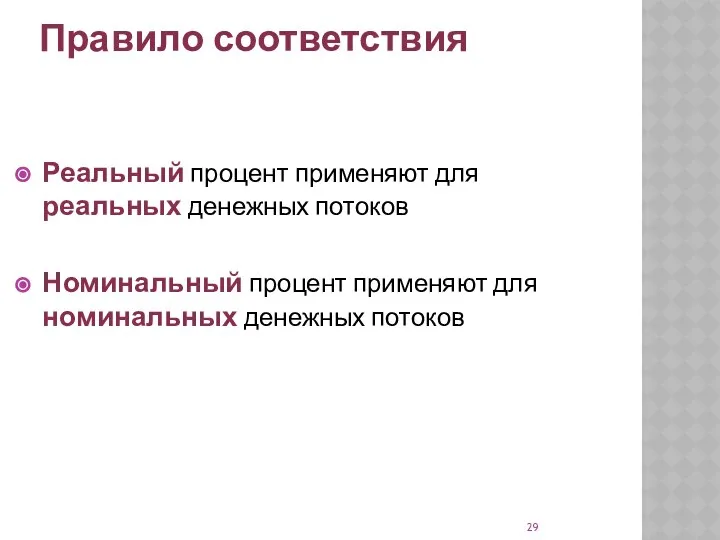 Правило соответствия Реальный процент применяют для реальных денежных потоков Номинальный процент применяют для номинальных денежных потоков