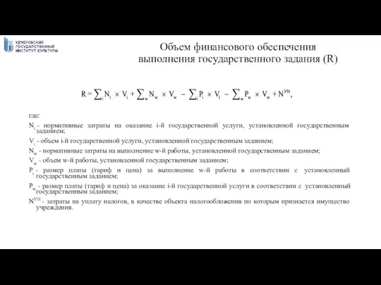 Объем финансового обеспечения выполнения государственного задания (R) где: Ni - нормативные