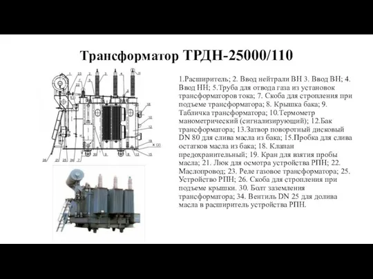 Трансформатор ТРДН-25000/110 1.Расширитель; 2. Ввод нейтрали ВН 3. Ввод ВН; 4.