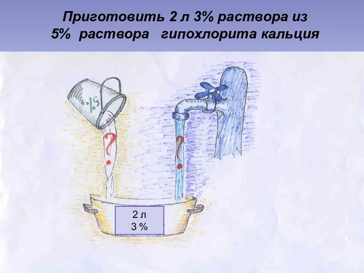 Приготовить 2 л 3% раствора из 5% раствора гипохлорита кальция 2 л 3 %