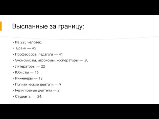 Высланные за границу: Из 225 человек: Врачи — 45 Профессора, педагоги