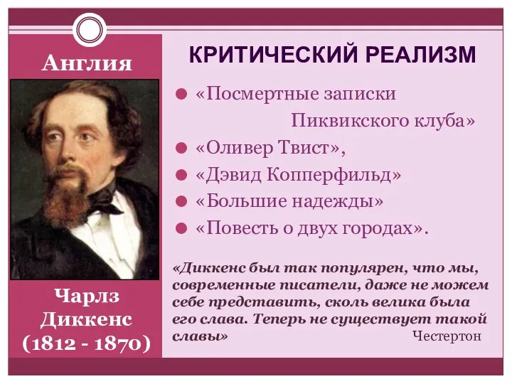 Англия «Посмертные записки Пиквикского клуба» «Оливер Твист», «Дэвид Копперфильд» «Большие надежды»