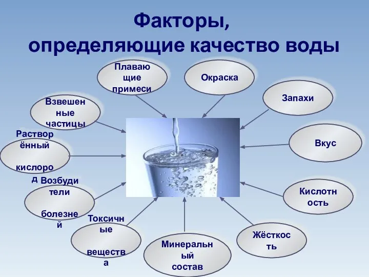 Взвешенные частицы Окраска Плавающие примеси Вкус Кислотность Токсичные вещества Жёсткость Запахи